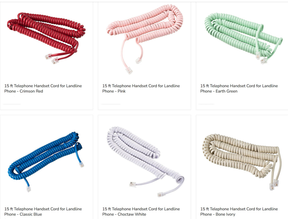 15 ft curly telephone handset cords in multiple colors for landline desk phones and office phone accessories
