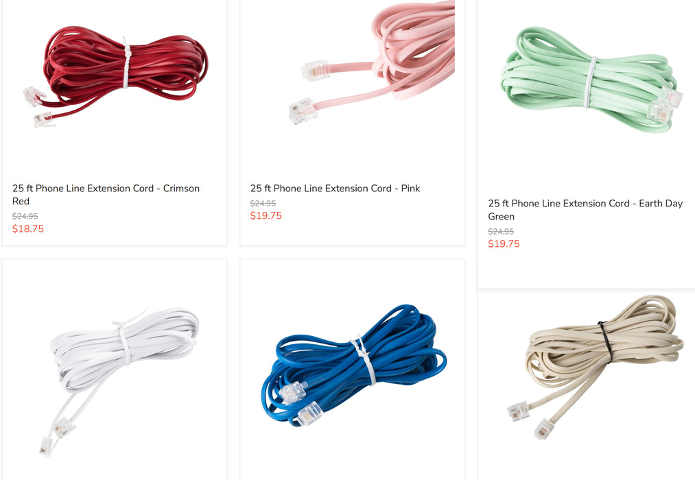 25 ft phone line extension cords in multiple colors including crimson red, pink, green, white, blue, and beige