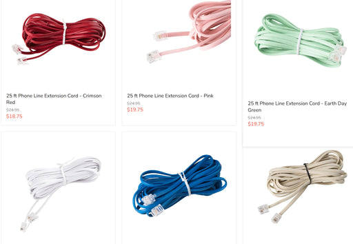 25 ft phone line extension cords in multiple colors including crimson red, pink, green, white, blue, and beige