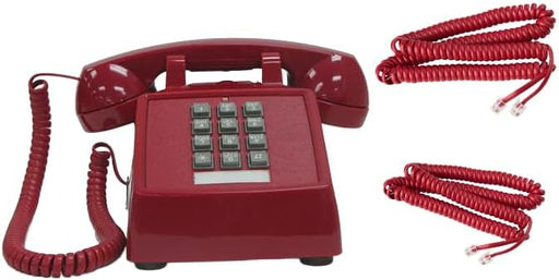 Red vintage push button desk telephone with coiled handset cord and replacement phone cords.