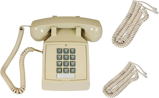 Beige corded landline telephone with push button keypad, handset, and coiled cord on white background.
