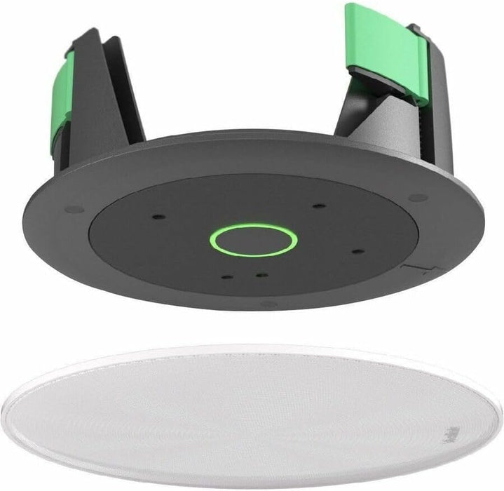 Round in-ceiling speaker with white grille and green mounting clips for home audio installation