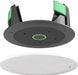 Round in-ceiling speaker with white grille and green mounting clips for home audio installation