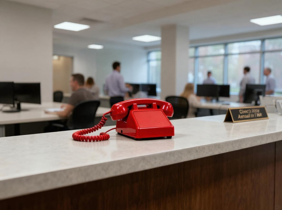 Red retro telephone on office reception desk in professional workplace setting