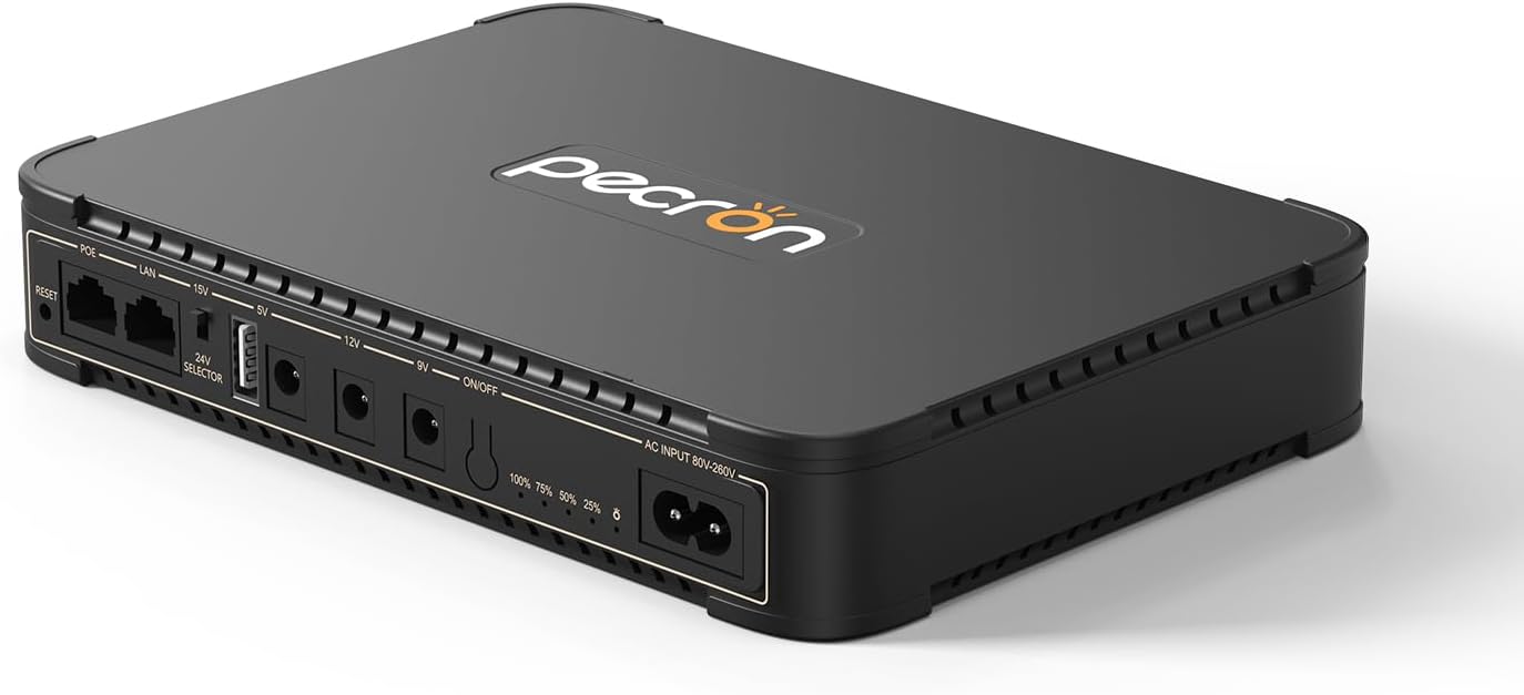 Pecron D77 DC UPS Battery Backup, 76.96Wh Small UPS for WiFi Router/Modem/Security Camera/Phone, Uninterruptible Power Supply with PoE Port, 5V/9V/12V DC5521 Port, 5V USB-A