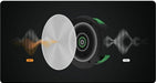 Round in-ceiling speaker with acoustic wave graphic showing clearer sound output after installation