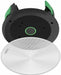 Round in-ceiling speaker with removable white grille and black mounting frame for home audio installation