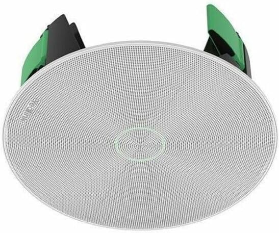 Round Pyle in-ceiling speaker with white grille and green mounting clips for flush home audio installation