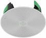 Round Pyle in-ceiling speaker with white grille and green mounting clips for flush home audio installation