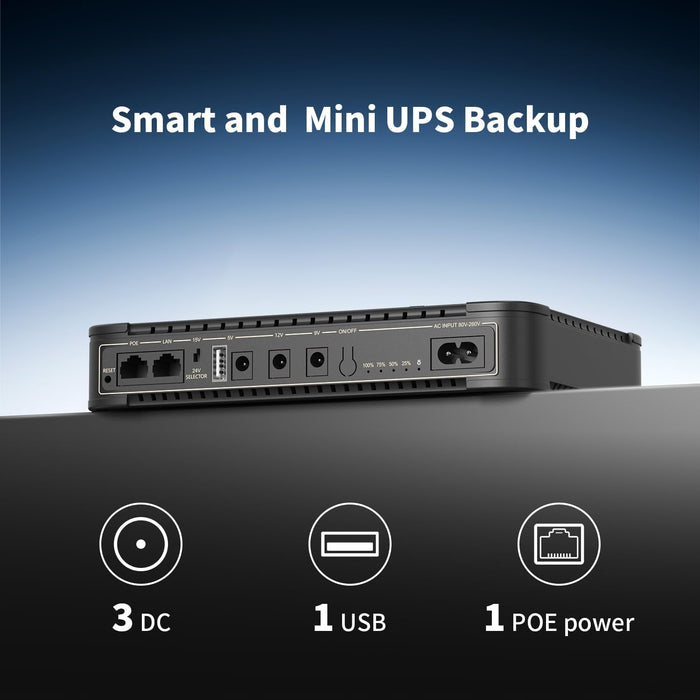 Pecron D77 DC UPS Battery Backup, 76.96Wh Small UPS for WiFi Router/Modem/Security Camera/Phone, Uninterruptible Power Supply with PoE Port, 5V/9V/12V DC5521 Port, 5V USB-A