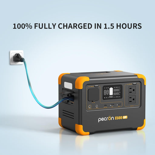 Pecron E500LFP portable power station fully charged in 1.5 hours with AC wall charging