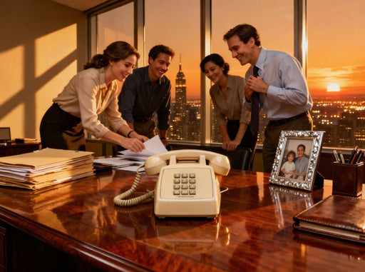 Beige push button landline telephone with large number keypad and coiled handset cord.