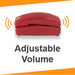 Red vintage corded telephone with adjustable volume feature for home, office, or hotel use.