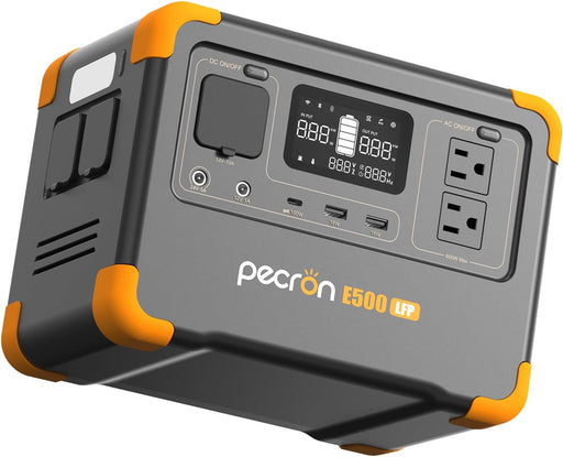 Pecron E500LFP portable power station with LCD display, AC outlets, USB ports, and DC outputs