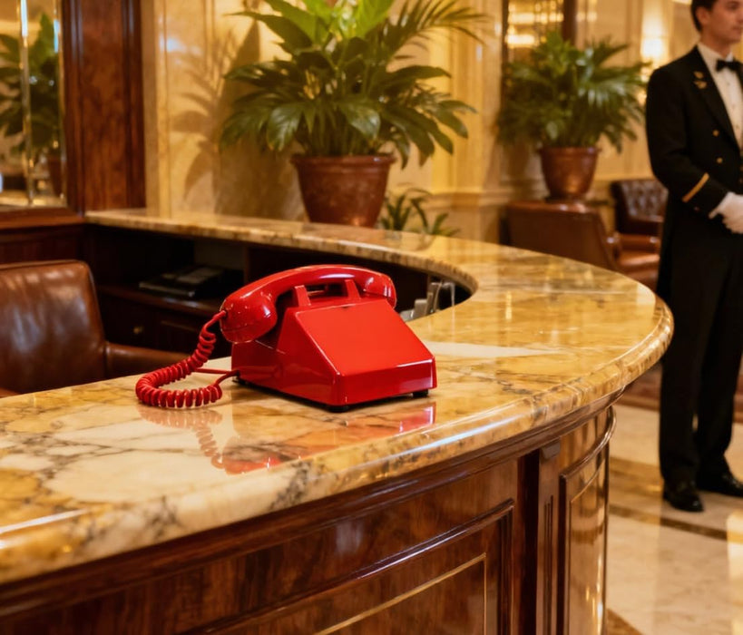 Red vintage corded telephone on luxury hotel reception desk for retro decor
