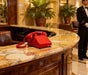 Red vintage corded telephone on luxury hotel reception desk for retro decor
