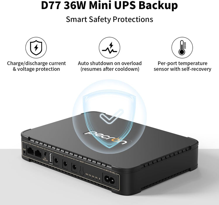 Pecron D77 DC UPS Battery Backup, 76.96Wh Small UPS for WiFi Router/Modem/Security Camera/Phone, Uninterruptible Power Supply with PoE Port, 5V/9V/12V DC5521 Port, 5V USB-A