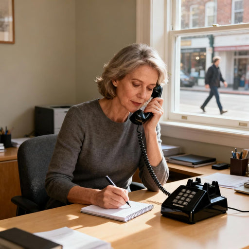 Woman using black vintage corded telephone at office desk while taking notes