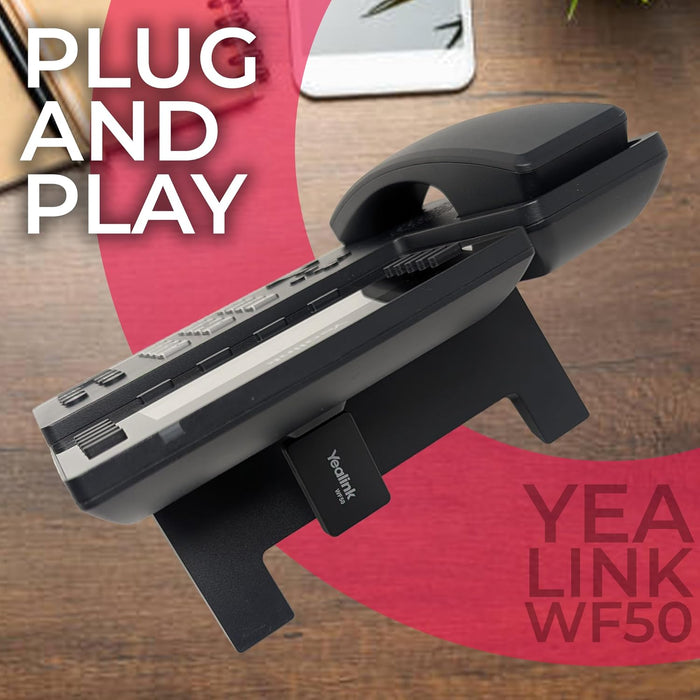 Yealink WF50 USB Wi-Fi dongle plugged into desk phone for quick plug-and-play wireless setup