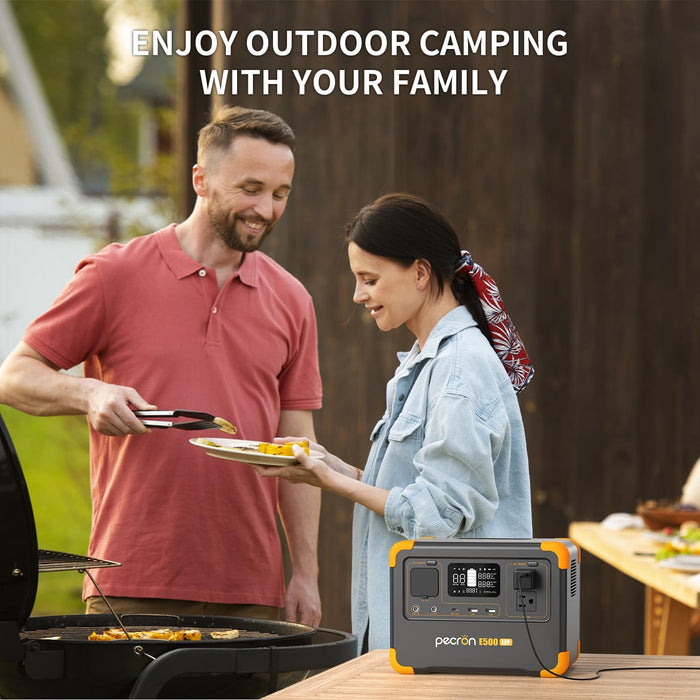 Pecron E500LFP portable power station for family outdoor camping and BBQ power backup