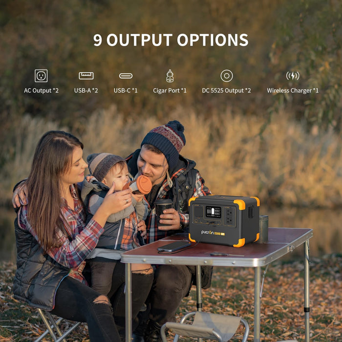 Pecron E500LFP portable power station with 9 output options for family camping and outdoor charging