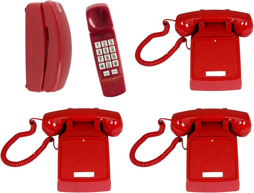 Red vintage wall-mounted corded telephone with push-button keypad and coiled handset cord