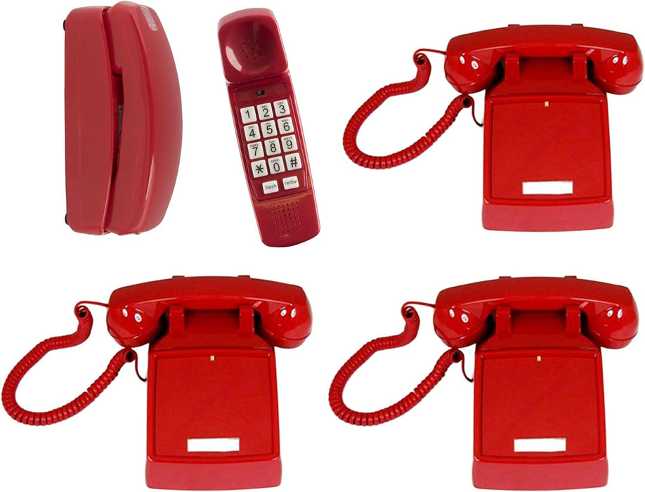 Red vintage wall-mounted corded telephone with push-button keypad and coiled handset cord