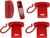 Red vintage wall-mounted corded telephone with push-button keypad and coiled handset cord