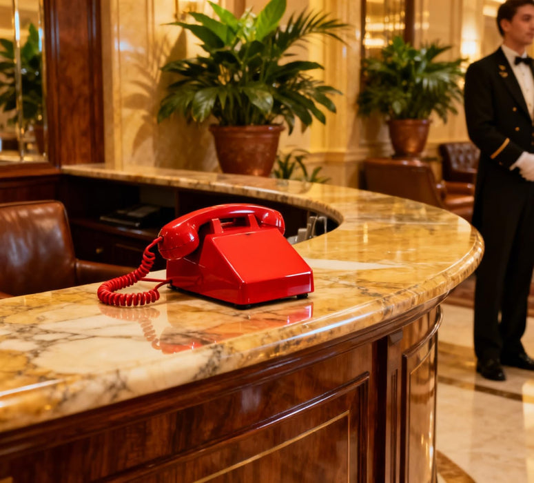Red vintage corded telephone on hotel reception desk for retro decor