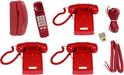 Red vintage telephone on office desk with corded receiver and classic retro design