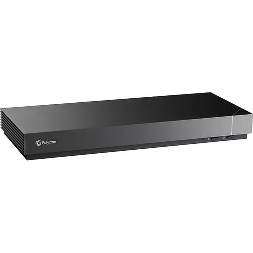 Polycom video conferencing system front view with sleek black hardware design