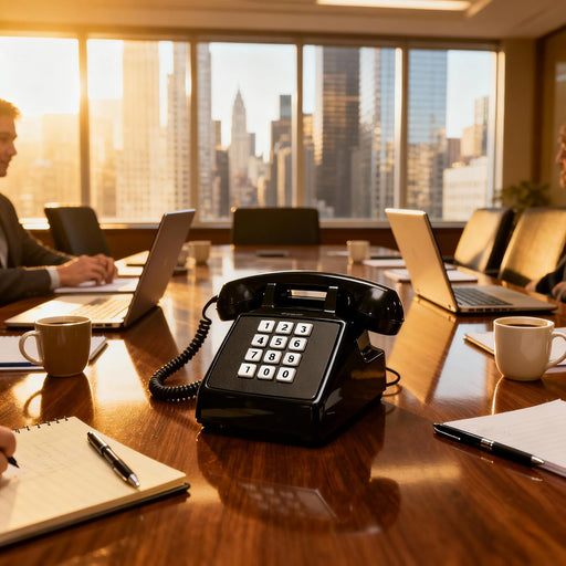 Black vintage corded telephone on conference room table for retro business office decor