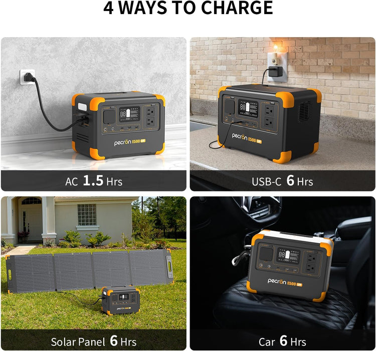 Pecron E500LFP portable power station with AC, USB-C, solar, and car charging options