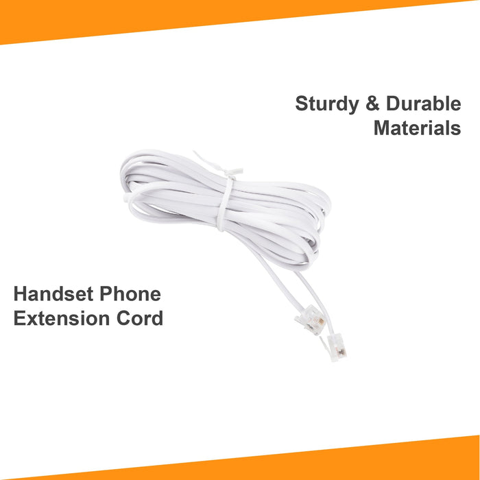 White handset phone extension cord with RJ11 connectors and sturdy durable materials