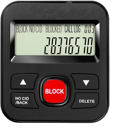 Black call blocker device with red block button and blocked call log display