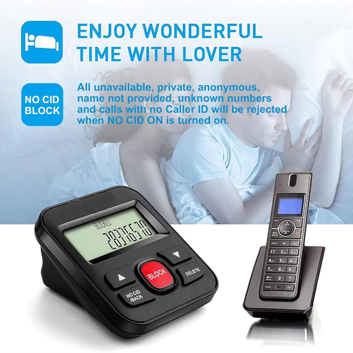 Black call blocker device blocking unknown and no caller ID calls with cordless phone display