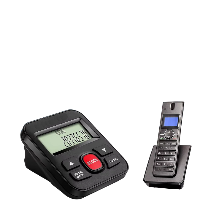 Black call blocker device with cordless phone showing blocked caller ID display