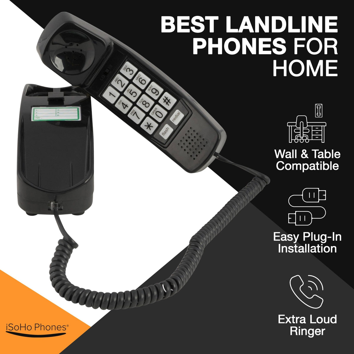 iSoHo Trimline Phone: Enhanced for Seniors, Visually Impaired. Large Buttons, Loud Ringer.Perfect for Hearing and Visually Impaired. Retro Style, Reliable Performance - Black - USA Trading Depot, LLC