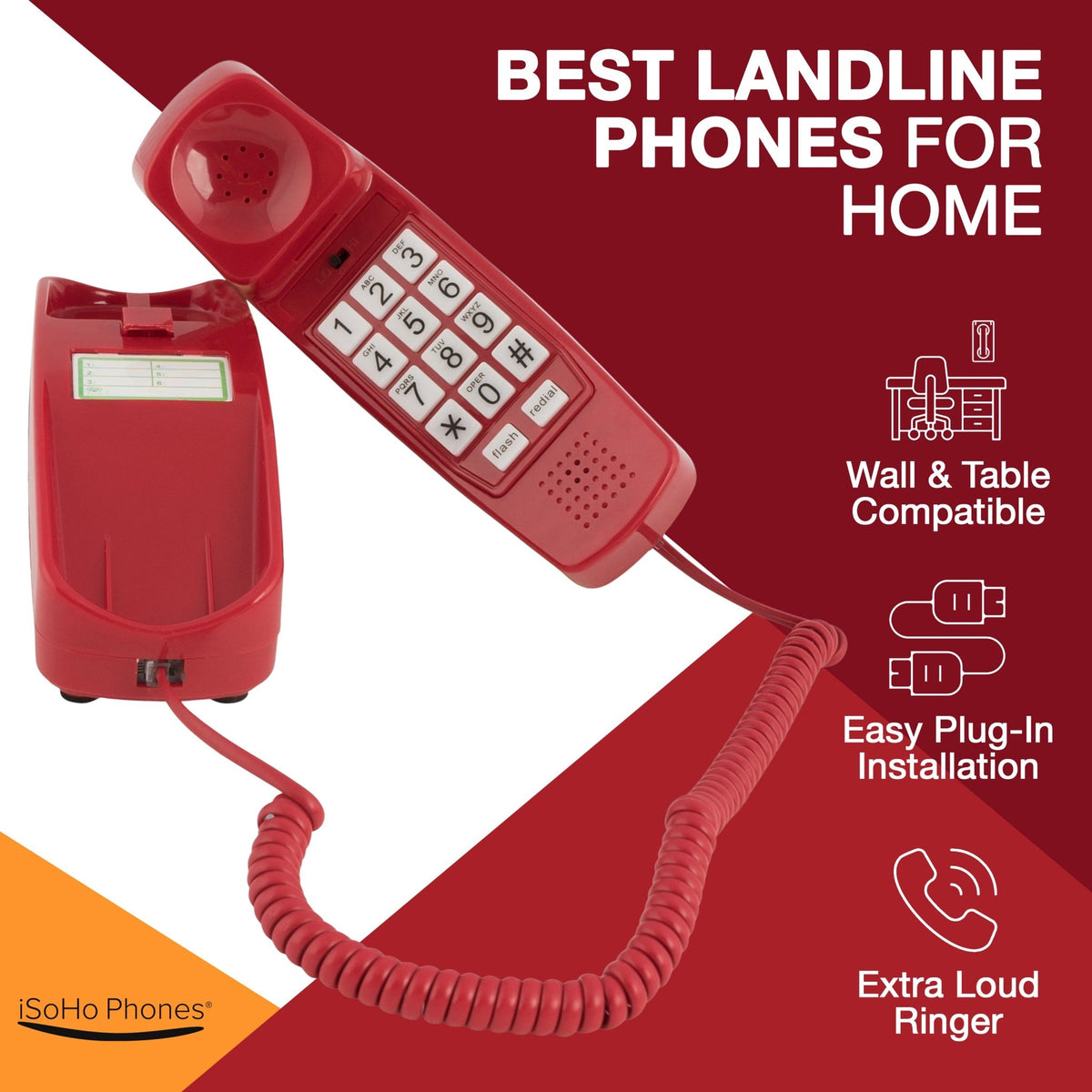 iSoHo Trimline Phone: Enhanced for Seniors, Visually Impaired. Large Buttons, Loud Ringer.Perfect for Hearing and Visually Impaired. Retro Style, Reliable Performance - Crimson Red - USA Trading Depot, LLC