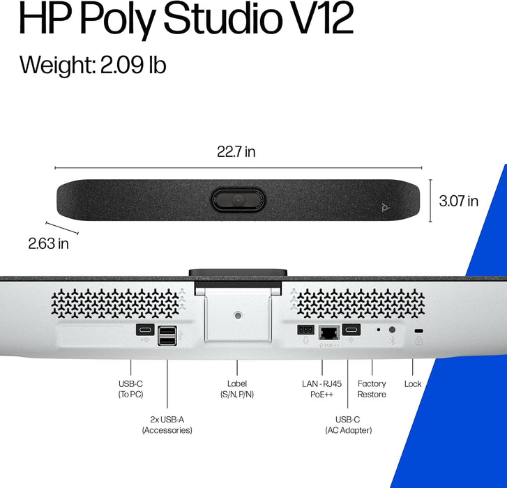 Poly Studio V12 – USB Video Bar for Small Rooms - 4K 20MP Camera, AI-Enhanced Audio, Noise Cancellation, Poly Lens Management - Microsoft Teams, Zoom & Google Meet Compatible - Thoughtfully Made - USA Trading Depot, LLC