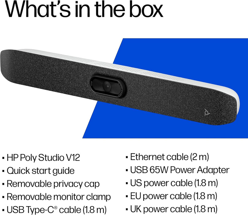 Poly Studio V12 – USB Video Bar for Small Rooms - 4K 20MP Camera, AI-Enhanced Audio, Noise Cancellation, Poly Lens Management - Microsoft Teams, Zoom & Google Meet Compatible - Thoughtfully Made - USA Trading Depot, LLC